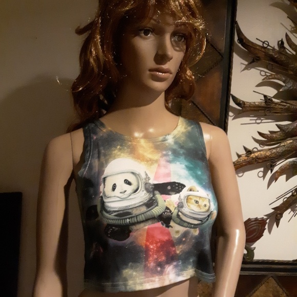 🎉NWOT! Pink Star Dust Cat & Panda Crop Top Sz S🎉 - Picture 1 of 8